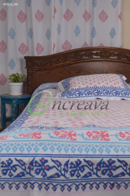 White Jamdni Blue Pink bed cover